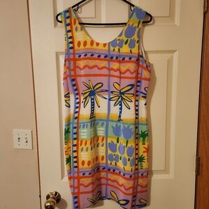 Bloomingdales Petite Size 12 Lined Sleeveless Dress 100% Silk Tropical Vacay